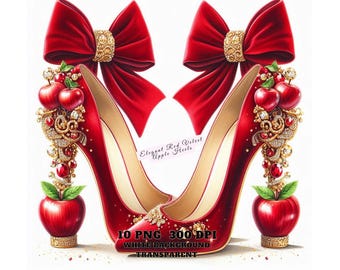 Puede incluir: Un par de tacones altos de terciopelo rojo con adornos dorados y detalles de manzana roja. Los tacones tienen un gran lazo rojo en la parte superior y el texto "Elegant Red Velvet Apple Heels" está escrito en la imagen. El texto "10 PNG 300 DPI WHITE BACKGROUND TRANSPARENT" también está escrito en la imagen.