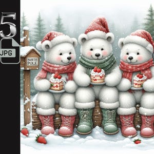 Winter Animals Clipart, Polar Bear Clipart, Cozy Polar Bears in North Pole Clipart, Christmas Woodland Animals Bear JPG, Holiday Animal JPG