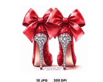 Red High Heel Clipart, Red Crystal High Heels Clipart, Elegant Stilettos Prom Wedding Shoes JPG, High-Quality Fashion Shoe Digital Download