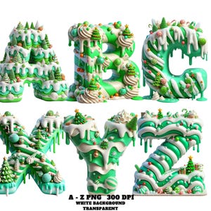 Clipart dell'alfabeto natalizio, set di clipart dell'alfabeto dell'albero di Natale dolce dalla A alla Z, lettere di caramelle natalizie 3D in formato PNG, font trasparente per dessert dolci natalizi