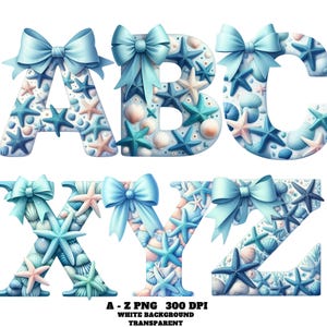 Blue Starfish Alphabet Clipart, Watercolor Ocean-Themed Alphabet Clipart, Marine Nautical Digital Letters PNG, Summer Beach Alphabet Clipart