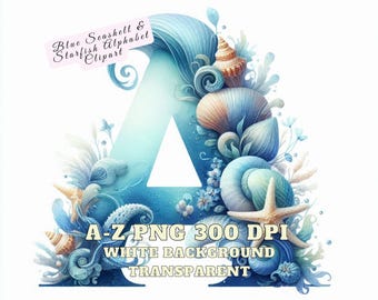Seashell Alphabet Clipart, Blue Seashells & Starfish Alphabet Clipart, Watercolor Starfish Shell Letters Clipart, Ocean-themed Alphabet PNG