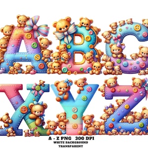 Alphabet Clipart, Kiddie Letters PNG, Vibrant Plaid Teddy Bear Alphabet Clipart A–Z, Cute Watercolor Bear Letters Colorful Nursery Alphabet