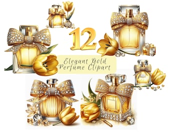 Clipart de perfume de acuarela, clipart de perfume dorado elegante, clipart de botella de perfume floral, clipart de perfume floral coqueto, clipart de moda JPG
