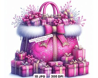 Fuchsia Christmas Bag Clipart, Watercolor Holiday Fashion JPG, Winter Fashion Digital Download JPG, Whimsical Holiday Fashion Clipart Crafts