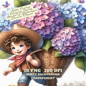 Clipart di ortensia blu, piccolo cowboy che trasporta un cesto primaverile di fiori di ortensia Clipart, ortensia primaverile Clipart di fiori primaverili in un cesto