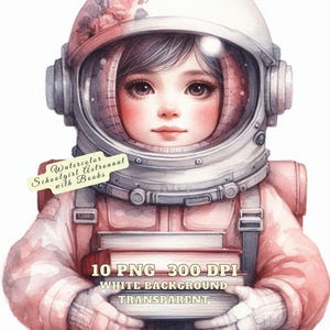 Schulmädchen Clipart, Aquarell Schulmädchen Astronaut mit Bücher PNG, Zurück zu Schule Clipart, 10 PNG niedliche Lerngrafik kommerzielle Nutzung