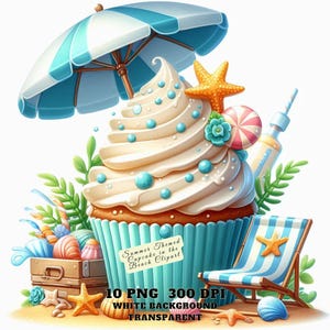 Letnia babeczka na plaży Clipart PNG, Deser inspirowany oceanem, Babeczka plażowa, Pobieranie cyfrowe, Naklejka sublimacyjna, Wykorzystanie komercyjne