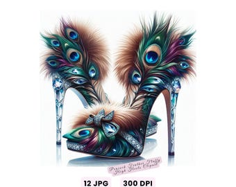 Clipart de tacones altos, Clipart de tacones altos esponjosos con plumas de pavo real, Stiletto esponjoso JPG, Tacones altos de moda de lujo imprimibles, Zapatos glamorosos de lujo JPG
