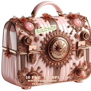 Luxe roze tas steampunk clipart, vintage portemonnee png, steampunk fashion kunst, mechanische tas illustratie, digitale download, commercieel gebruik