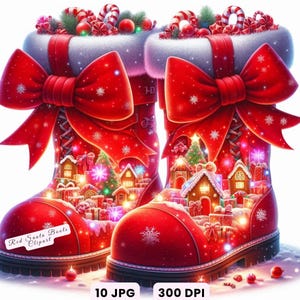サンタクロースのクリップアート、クリスマスのグラフィック、ネオンレッドのサンタブーツの水彩画のクリップアート、クリスマスの風景のJPGデジタルダウンロード、商用利用、装飾
