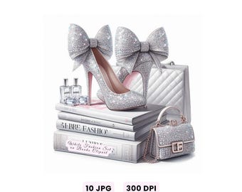 May include: A glamorous composition featuring sparkling high-heeled shoes with large bow accents, a small handbag, and a quilted tote bag. The shoes and handbag are embellished with shimmering details. The items are arranged on a stack of books with the text "31-BRE FASHION" and "White Fashion Set on Books Clipart".