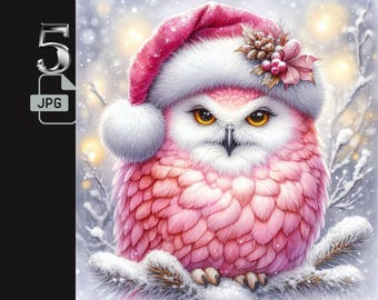 Winter Woodland Animal Clipart, Winter Animal Clipart, Pink Snowy Owl Christmas Clipart, Santa Hat Holiday Graphics PNG Crafts Decor Journal