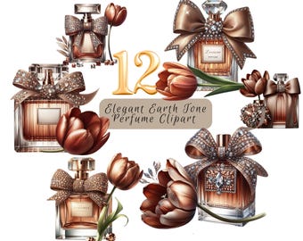 Clipart de perfume, elegante clipart de perfume en tonos tierra, frasco de perfume de diseño de lujo JPG, arte de fragancias de alta calidad para manualidades, diario basura