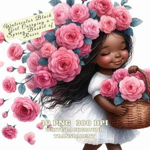 Clipart di primavera di rose rosa, ragazza nera acquerello che porta un cesto primaverile di rose, 10 fasci di rose rosa antico, illustrazione di rose in un cesto