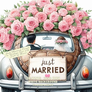 Just Married Couple in Vintage Car Clipart, Wedding Car with Red Roses PNG, Junk Journal Digital Art, Commercial Use, Instant Download, DIY
