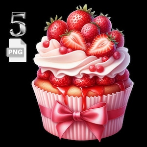 Cupcake Clipart, Watercolor Strawberry Shortcake Cupcake Clipart, Sweet Dessert PNG Commercial Use, Digital Download, Crafts, Decor, Journal