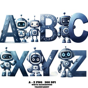 Roboter-Alphabet, bunte Kinder-Sci-Fi-Schrift, blaues Roboter-Alphabet Clipart A - Z PNG, Aquarell Roboter ABC-Buchstaben Niedlicher Roboter Clipart für Kinder PNG