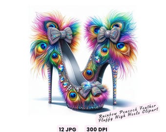 Fluffy High Heels Clipart, Rainbow Peacock Feather Fluffy High Heels Clipart, Luxury Rainbow Stiletto JPGs, High-Fashion Shoe Art for Crafts