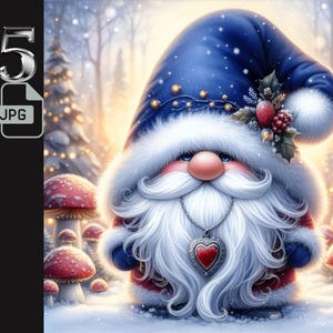 Gnomo de Natal Azul Royal com Cogumelos Clipart - Arte Festiva de Gnomo de Férias, Ilustração de País das Maravilhas do Inverno, Decoração de Natal, 5 Arquivos JPG