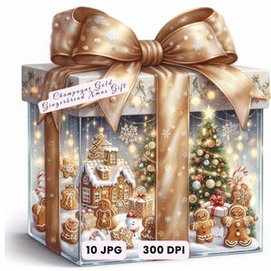Cadeau de Noël Clipart JPG, scène de pain d'épice or Champagne à l'intérieur, aquarelle vacances cadeau Illustration Cookie mignon Noël Clip Art déco