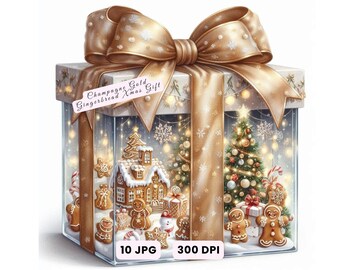 Weihnachtsgeschenk Clipart JPG, Champagner Gold Lebkuchenszene innen, Aquarell Urlaub vorhanden Illustration Cute Cookie Xmas Clip Art Decor