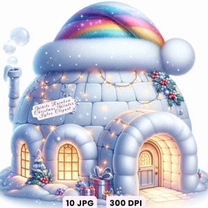 Op de afbeelding: Een grillige illustratie van een witte iglo met een regenboogkleurige hoed. De iglo heeft gewelfde deuren en ramen en is versierd met kerstverlichting, een kleine kerstboom en cadeaus. De afbeelding bevat de tekst "White Rainbow Winter Christmas Igloo Clipart."