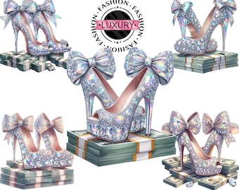 Clipart di eleganti tacchi alti, clipart di tacchi alti argentati con soldi, tacchi a spillo con fiocco su contanti JPG, acquerello di moda glamour per design di Boss Babe