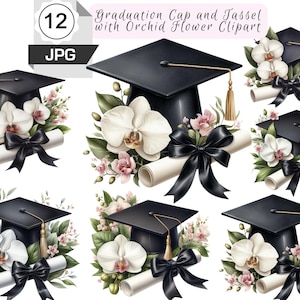 Puede incluir: Ilustración digital con múltiples gorras de graduación negras con borlas doradas, flores de orquídeas blancas, diplomas enrollados y cintas negras. Incluye el texto "Graduation Cap and Tassel with Orchid Flower Clipart".