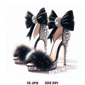 Può includere: Un paio di scarpe col tacco alto con fiocchi neri e accenti soffici. I tacchi e i cinturini sono impreziositi da strass scintillanti. Le scarpe hanno una suola platform e un tacco a spillo. Il testo "Black Fluffy High Heels Clipart" è visibile.