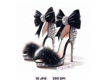 Clipart de tacones altos negros y esponjosos, elegante stiletto esponjoso JPG, ilustración de zapatos de moda glamurosa, arte imprimible de tacones altos de alta costura, manualidades, decoración