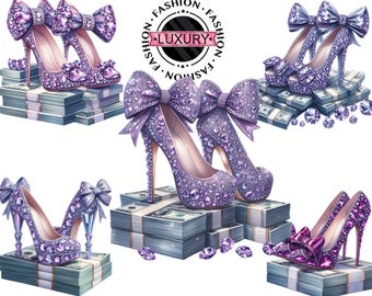 Paarse kristallen hoge hakken, paarse hoge hakken met geld clipart, luxe kristallen strikschoenen op contant geld JPG, glamourmode aquarel kunst, ambachten