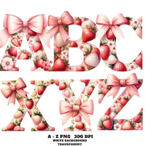 Fruity Alphabet Clipart, Red Strawberry Alphabet Clipart, Watercolor A-Z Letters with Bows, Fruit Alphabet, Strawberry Clipart, Alphabet PNG