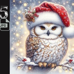 Harfang des neiges majestueux dans des cliparts bonnet de Noel, art festif hibou, hibou de Noël hiver, décoration des fêtes, 5 fichiers JPG, illustration imprimable harfang des neiges