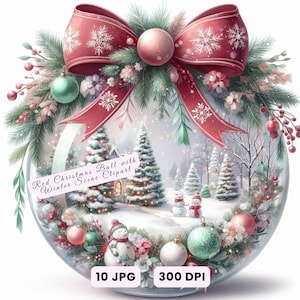 Clipart de bola navideña roja con escena invernal, adorno navideño JPG con pueblo nevado, adornos navideños, tarjetas de arte con globo imprimibles, manualidades y decoración