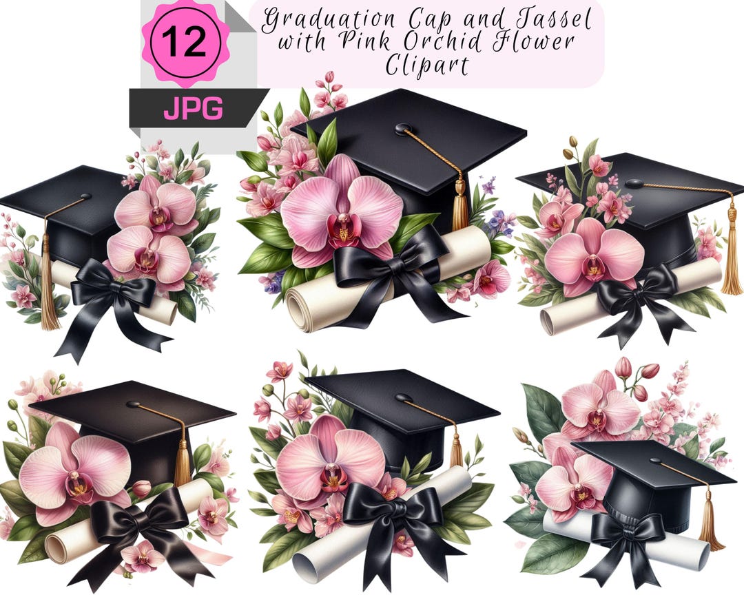 Watercolor Diploma and Cap With Flower Clipart, Graduation Clipart ...