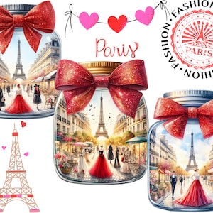 Può includere: Tre barattoli di vetro con fiocchi rossi glitterati, ognuno raffigurante una scena di strada parigina con la Torre Eiffel. I barattoli presentano il testo "Paris" e un timbro "Fashion". È presente anche una piccola illustrazione della Torre Eiffel e cuori rosa.