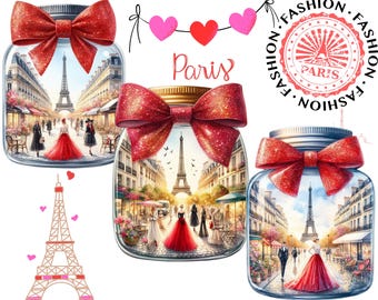 Parisian Fashion Watercolor Clipart, Red Parisian Fashion Scene in Mason Jar Clipart Luxury Paris Watercolor Illustration for Crafts Journal