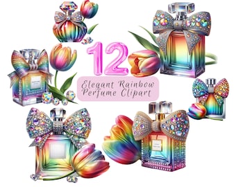 Elegant Watercolor Perfume Clipart, 12 Luxury Perfume Bottle Clipart, Fashion Accessories Clipart Elegant Rainbow Perfume Clipart for Crafts