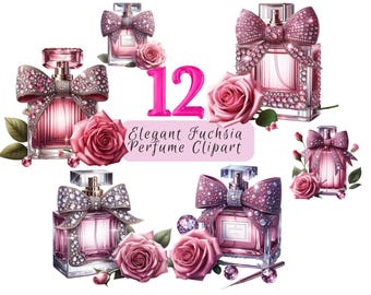 Pink Perfume Bottle Clipart, 12 Elegant Fuchsia Perfume Clipart, Floral Perfume Clipart, Luxury Watercolor Fashion Illustration JPGs, Crafts