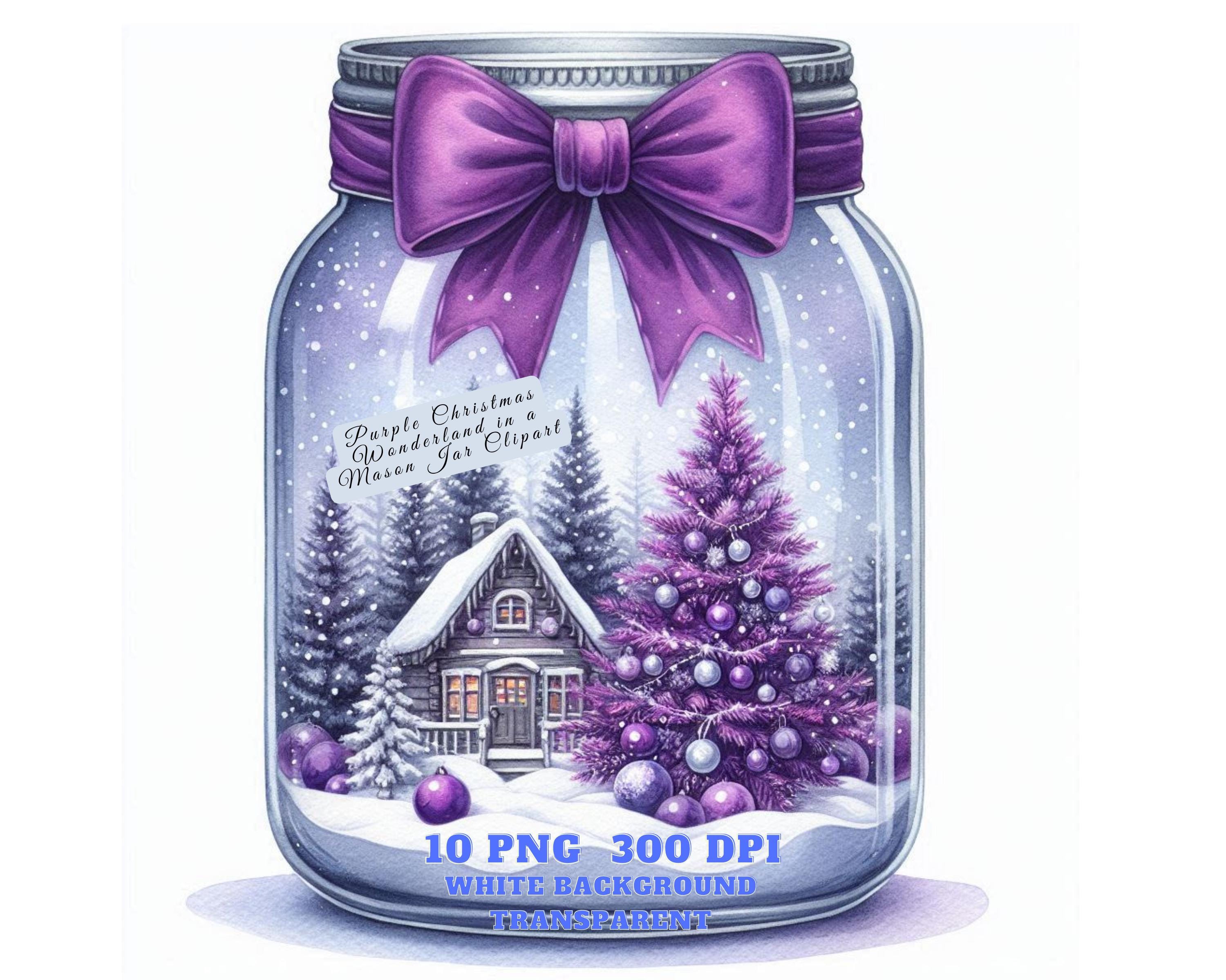 Purple Christmas Wonderland in a Mason Jar Clipart – 10 PNG, Transparent & White Background, Holiday Scene PNG, Cards Crafts, Commercial Use