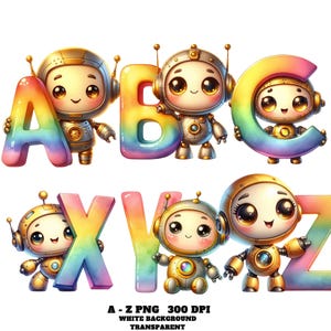 Roboter Alphabet, Bunte Kinder Sci-Fi Schriftart, Regenbogen Roboter Alphabet Clipart, Roboter Buchstaben PNG, Aquarell Roboter ABC Kinder Niedlich Lern PNG