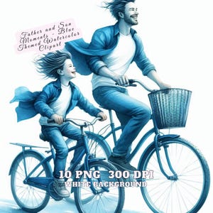 Feliz Dia dos Pais Clipart, Momentos de Pai e Filho - Clipart de Aquarela Temática Azul, Dia dos Pais PNG, Gráficos de Pai e Filho, Para Uso Comercial