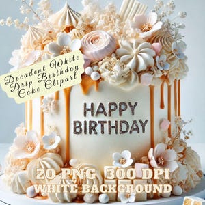 Élégant gâteau d'anniversaire fondant au chocolat blanc, clipart de gâteau d'anniversaire blanc décadent, images de haute qualité de gâteau blanc Illustration de gâteau PNG