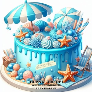 Letni niebieski tort clipart PNG, oceaniczny tort clipart, tort plażowy, pobieranie cyfrowe, sublimacja, dekoracja imprezy, wykorzystanie komercyjne