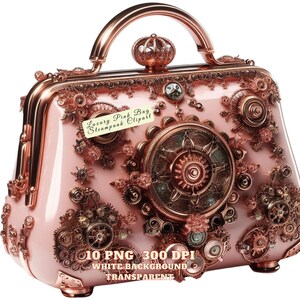 May include: A pink steampunk-style bag with intricate metal gears and floral details. The bag has a top handle and a clasp closure. The text "Luxury Pink Bag Steampunk Clipart" is on a tag attached to the bag.