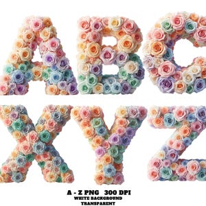 Alfabeto Floral Clipart, Alfabeto Rosa Arco-Íris Clipart A–Z, Letras Florais Pastel PNG, Alfabeto de Flores de Casamento, Fonte de Rosa Transparente