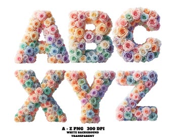 花のアルファベットのクリップアート、レインボーローズのアルファベットのクリップアートA～Z、パステルカラーの花の文字PNG、ウェディングフラワーのアルファベット、ローズフォントの透明な文字