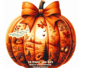 Orange Pumpkin with Autumn Scenery Clipart, Fall Harvest Illustration PNG, Cozy Autumn Art, Rustic Pumpkin PNG, Junk Journal, Commercial Use