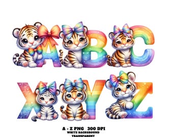 Animal Alphabet Clipart, Clipart, Baby Tiger ABC Letters PNG Cute Jungle Alphabet for Nursery Wall Art & Classroom Decor Alphabet PNG Bundle